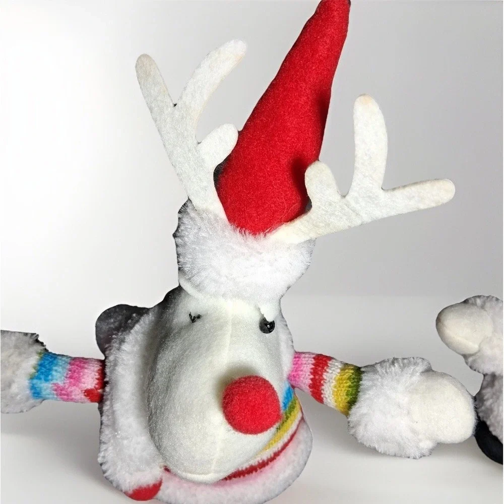Holiday Time Rainbow Sweater Reindeer Plush Christmas Decor Set of 2 White Red